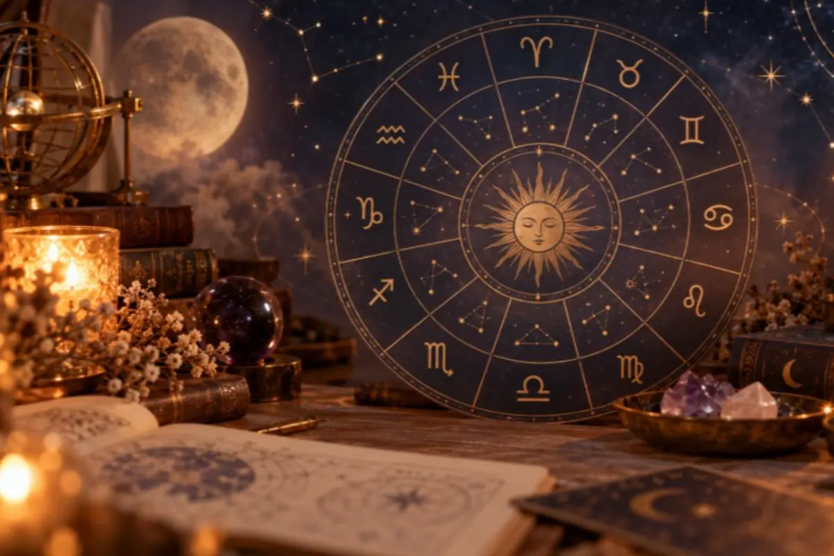 Esoteric table with birth chart and zodiac signs in golden tones, surrounded by candles, ancient books, crystals, and a full moon in the background