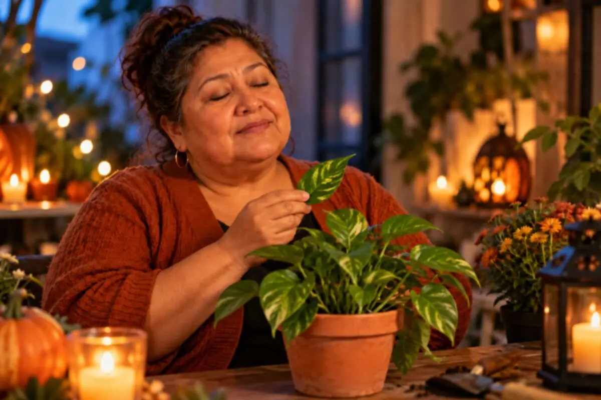 Smiling middle-aged woman caressing a potted plant surrounded by lit candles and cozy décor.