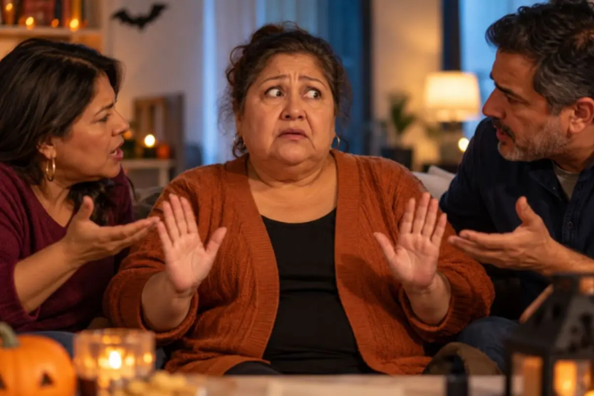 Older woman with a worried expression raising her hands while a couple on either side speaks to her intensely in a room decorated with Halloween lights and ornaments.