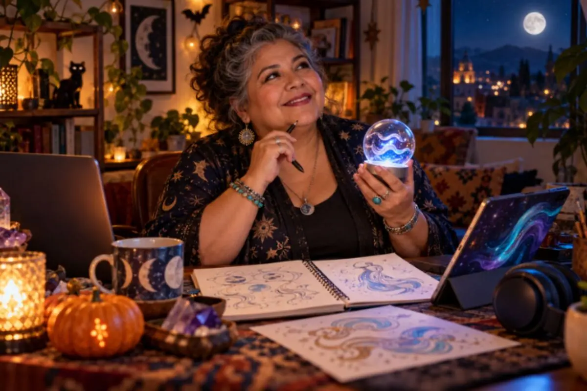 Smiling mature woman in a nighttime esoteric studio holding a glowing sphere while drawing mystical designs on a table full of candles, a pumpkin, crystals, and electronic devices, with the full moon visible through the window. Smiling mature woman in a nighttime esoteric studio holding a glowing sphere while drawing mystical designs on a table full of candles, a pumpkin, crystals, and electronic devices, with the full moon visible through the window.