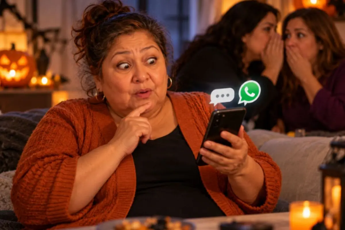 Older woman in an armchair reading a WhatsApp message on her cell phone with a surprised expression while two people whisper behind her in a room decorated with Halloween pumpkins.