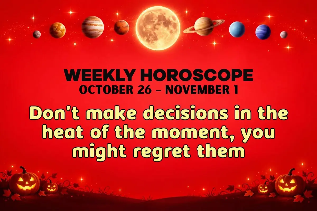 Weekly horoscope illustration from October 26 to November 1 with aligned planets and Halloween pumpkins on a red background, advising not to make rash decisions to avoid regrets.