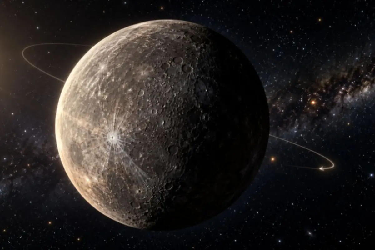 Illustration of a rocky, crater-filled planet in space with the Sun and the Milky Way in the background. Illustration of a rocky, crater-filled planet in space with the Sun and the Milky Way in the background.