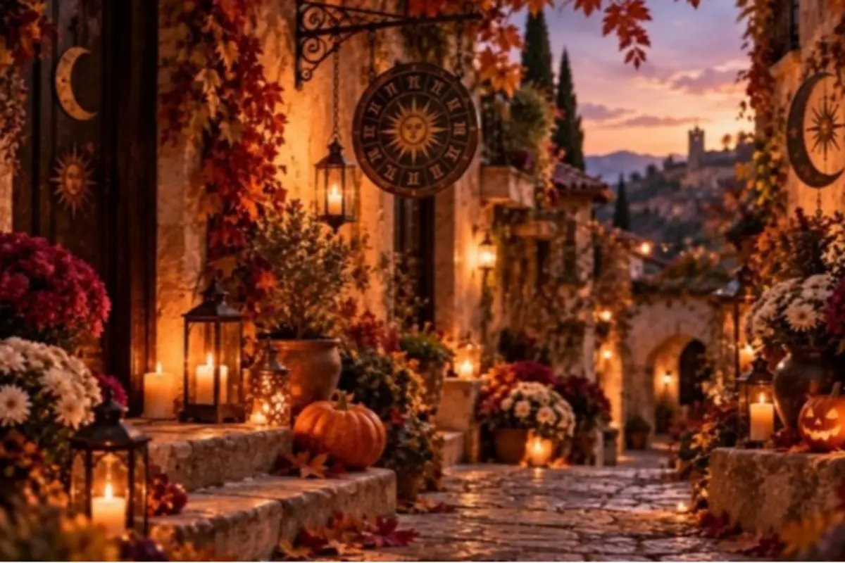Cobblestone alley at sunset decorated with pumpkins, candles, autumn flowers, and warm lanterns in front of rustic houses Cobblestone alley at sunset decorated with pumpkins, candles, autumn flowers, and warm lanterns in front of rustic houses