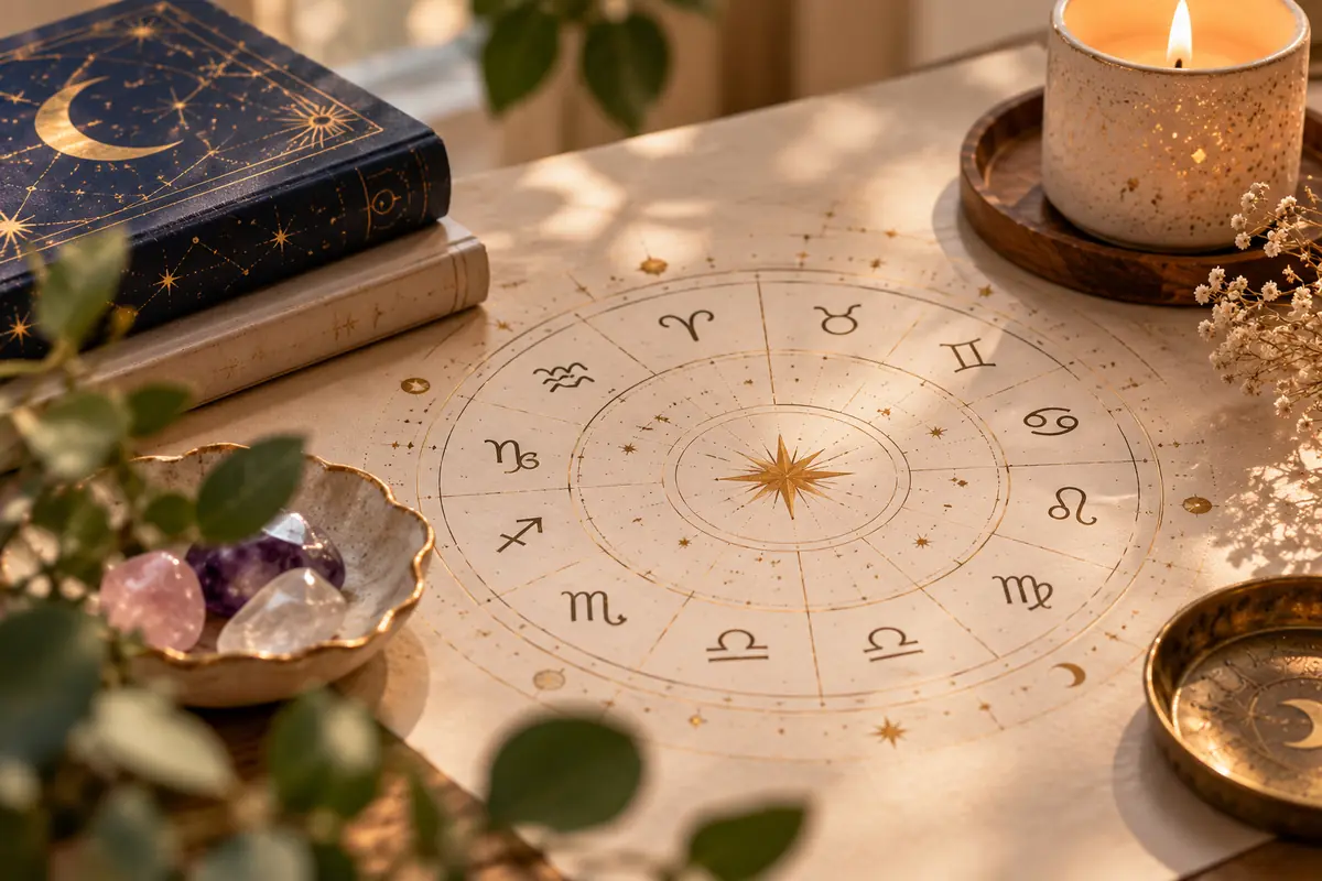 Spiritual table with a golden birth chart surrounded by a mystical book, lit candles, crystals, and decorative details