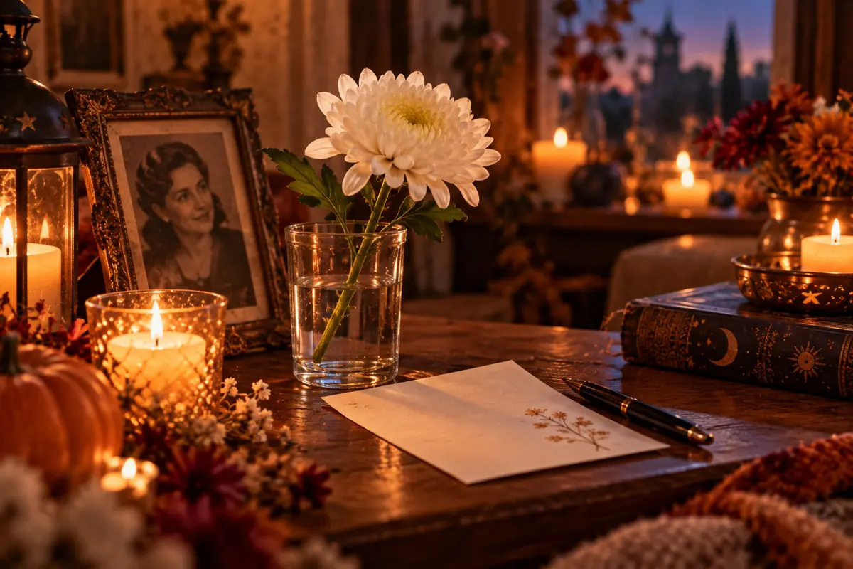 Cozy table at sunset with a white flower in a glass of water, lit candles, an old framed photograph, a book with celestial motifs, and a half-written letter with a quill pen
