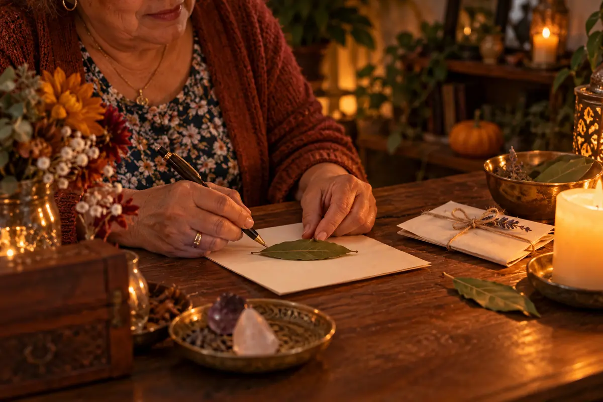 Elderly woman sitting by candlelight writing on a green sheet placed on paper on a wooden table decorated with dried flowers, crystals, and envelopes tied with string