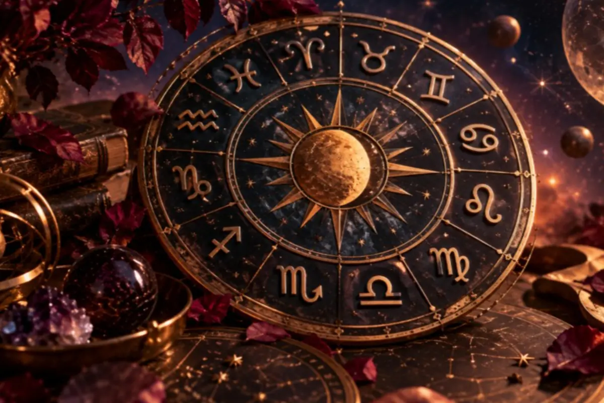 Golden zodiac wheel with astrological symbols surrounding a sun and moon on a starry sky background and ancient books