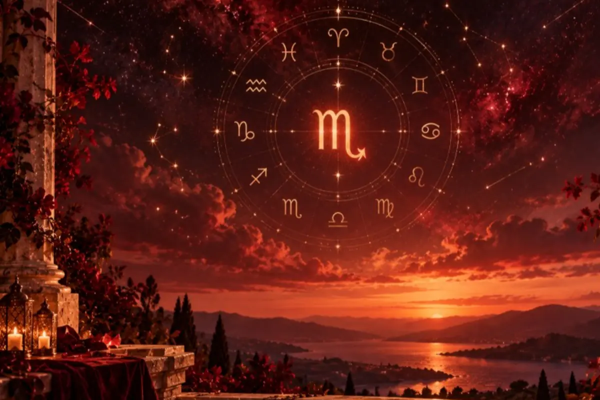 Sunset sky with a circle of zodiac signs highlighting Scorpio over a landscape of lake and mountains, with lit candles in the foreground Sunset sky with a circle of zodiac signs highlighting Scorpio over a landscape of lake and mountains, with lit candles in the foreground