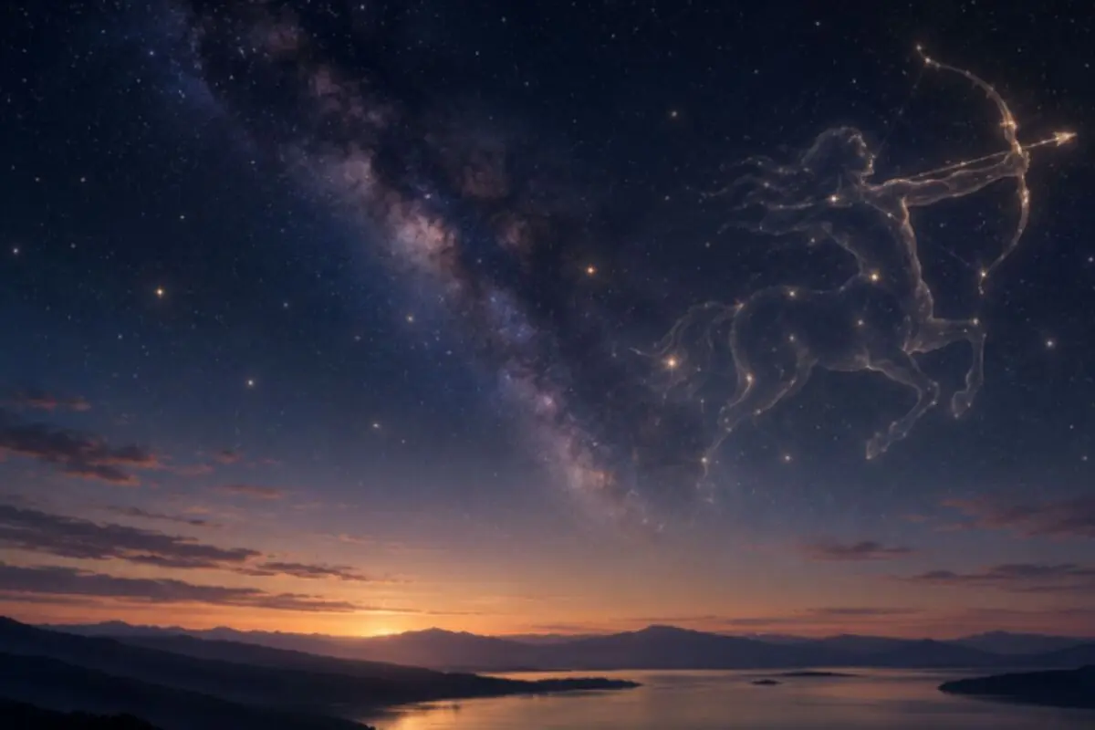 Night sky with the Milky Way over a coastal landscape at sunset and the glowing silhouette of an archer centaur formed by stars. Night sky with the Milky Way over a coastal landscape at sunset and the glowing silhouette of an archer centaur formed by stars.