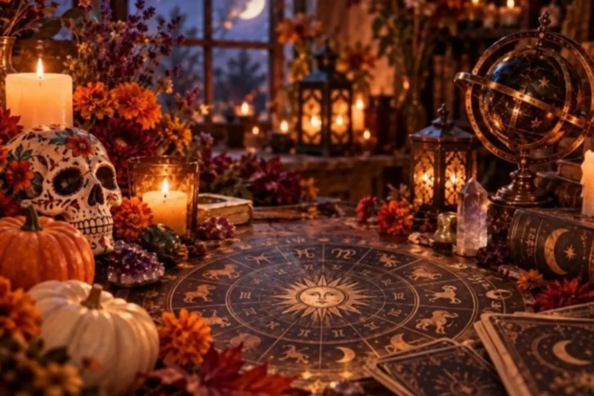 Esoteric table lit by candles with a zodiac cloth, decorated skull, pumpkins, autumn flowers, crystals, and a celestial globe in a mystical nighttime setting