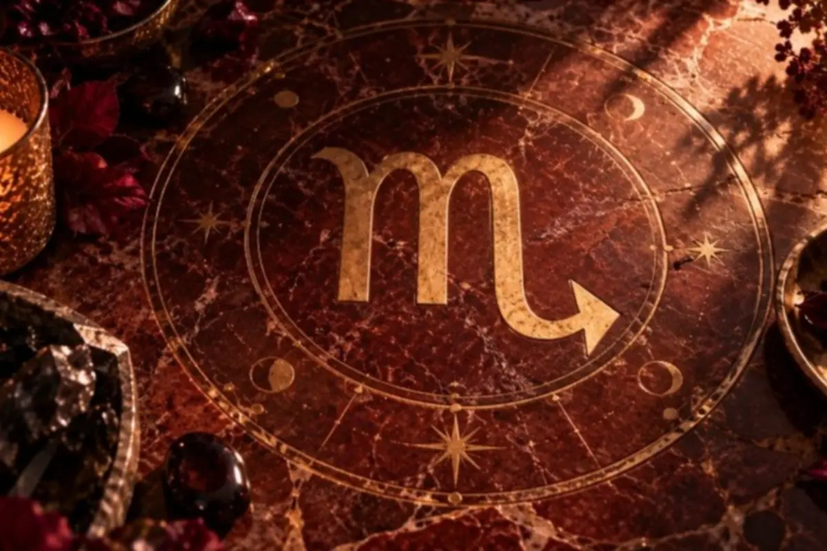 Golden Scorpio symbol on a marbled brown background with astrological details and candles around it Golden Scorpio symbol on a marbled brown background with astrological details and candles around it