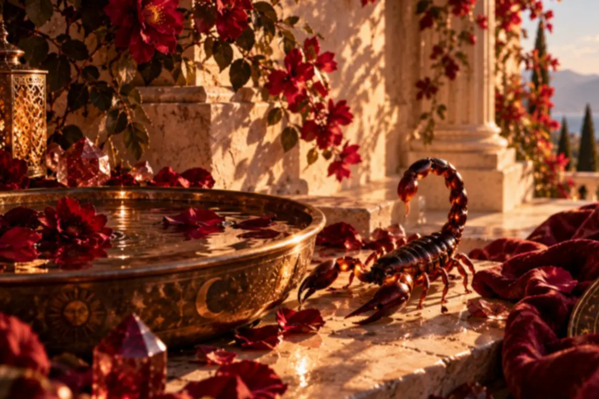 Dark scorpion on sunlit marble beside a golden fountain with red petals and luxurious decor Dark scorpion on sunlit marble beside a golden fountain with red petals and luxurious decor