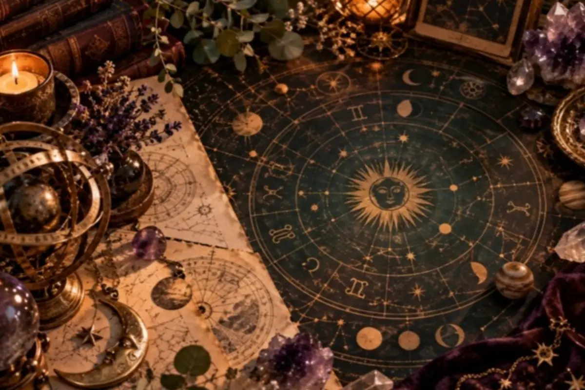 Esoteric table with a vintage natal chart surrounded by crystals, old books, astronomical instruments, and candles