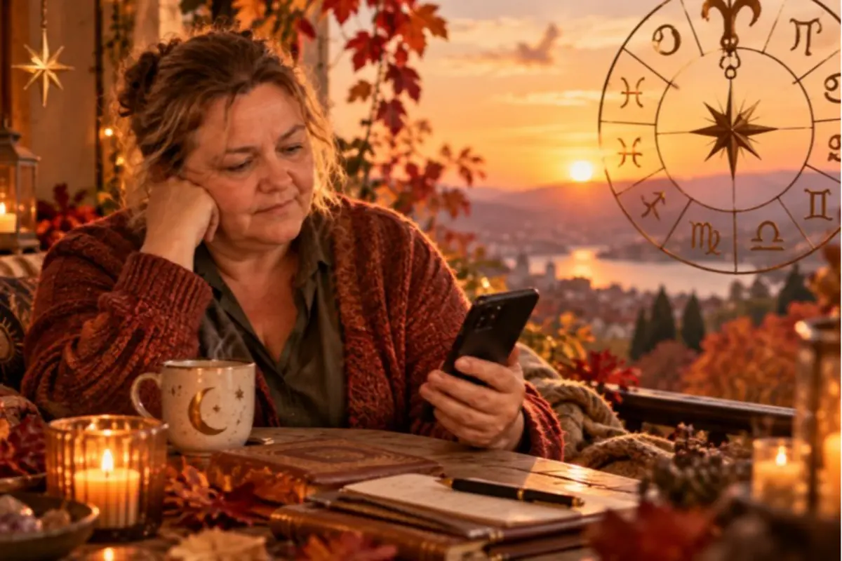 Elderly woman wearing a knitted sweater using her cellphone at a table with candles, cups, and notebooks with an esoteric look, while the sun sets with autumn leaves and a zodiac circle in the background