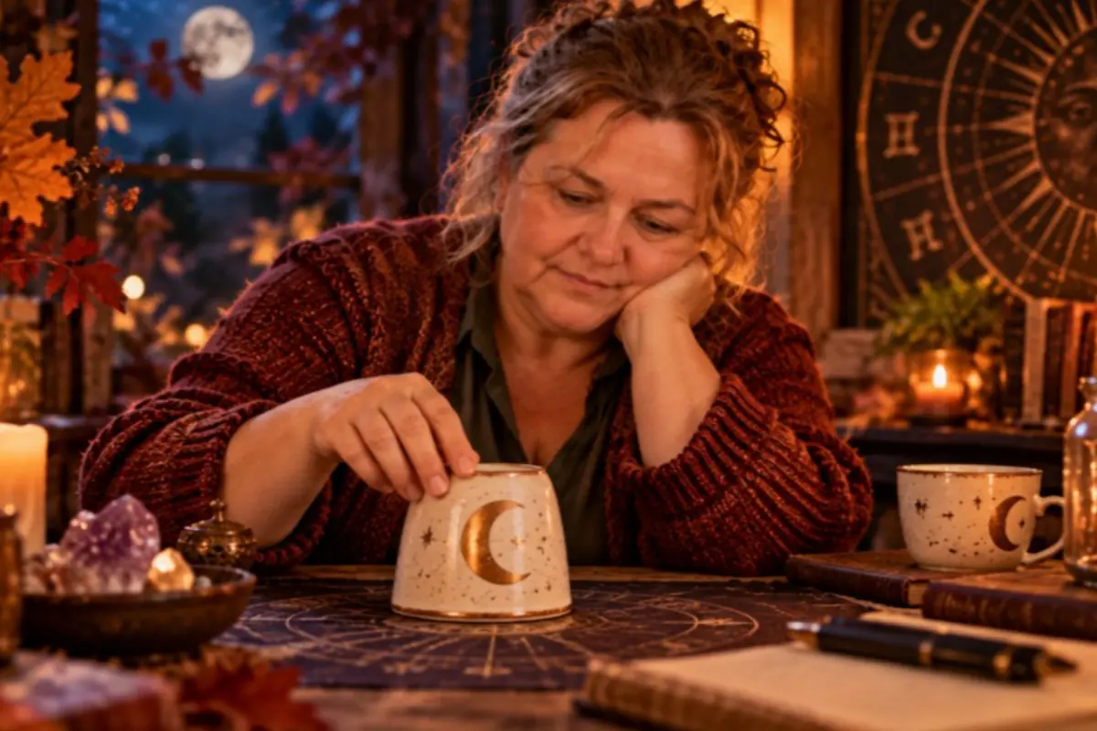 Mature woman in a red sweater practicing divination over a table with astrological symbols, candles, and crystals in a warm room lit by the full moon in the background