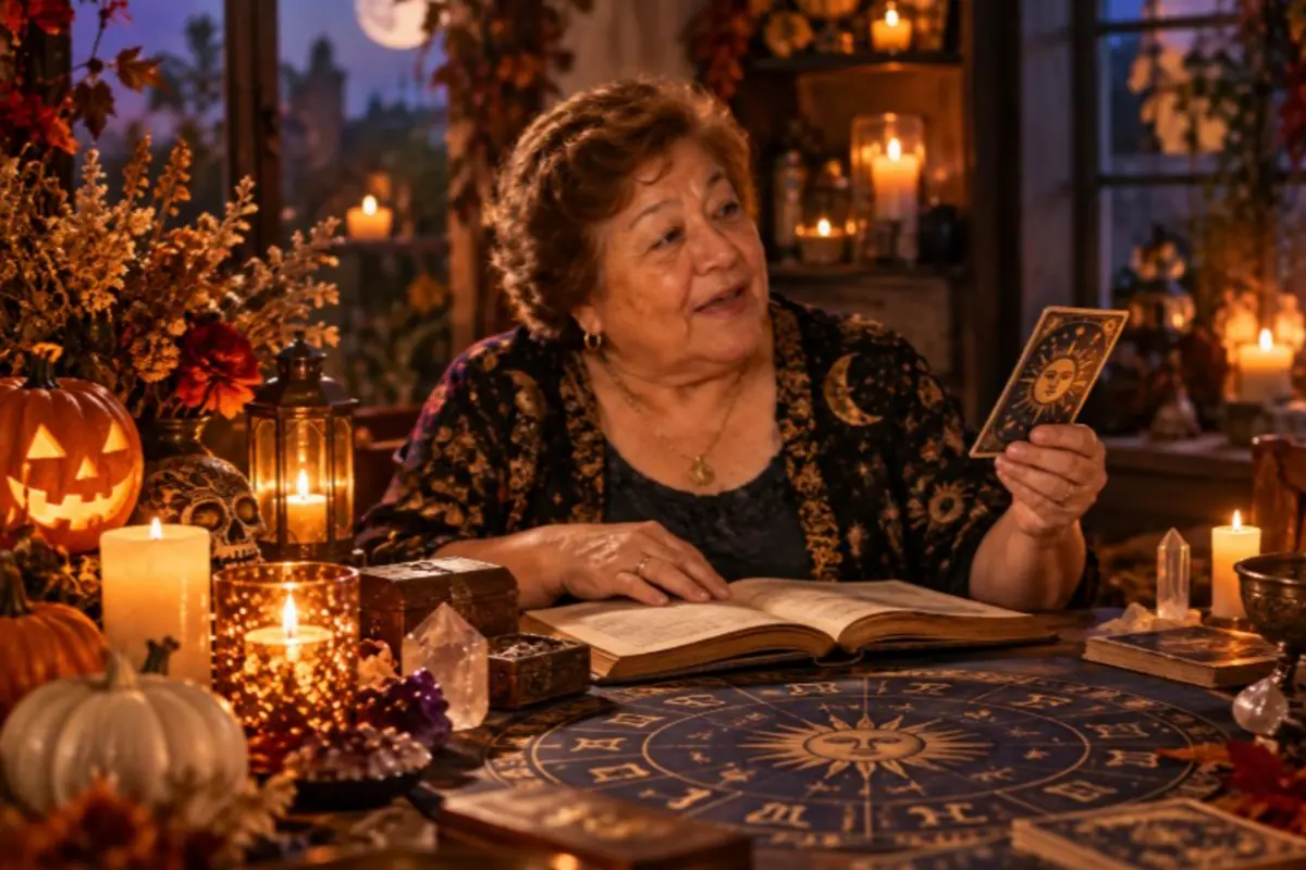 Smiling elderly woman reading tarot cards at a round table with astrological symbols, surrounded by candles, pumpkins, and mystical Halloween decorations Smiling elderly woman reading tarot cards at a round table with astrological symbols, surrounded by candles, pumpkins, and mystical Halloween decorations