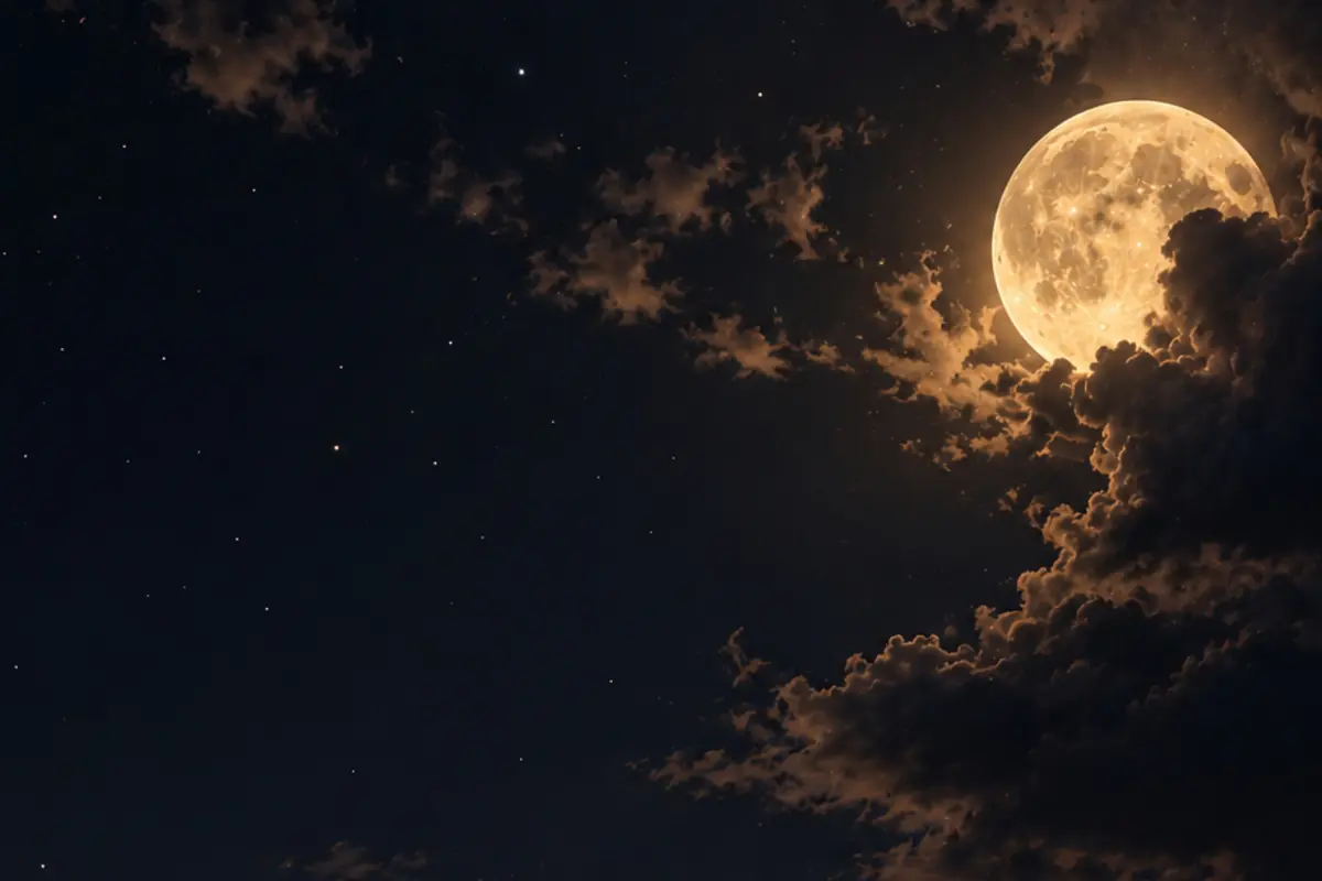 Bright full moon among dark clouds in a starry night sky Bright full moon among dark clouds in a starry night sky