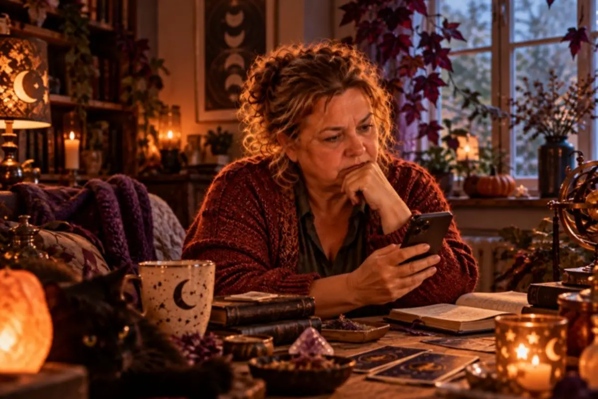 Mature woman in a cozy, mystical-style room thoughtfully looking at her cell phone, surrounded by candles, tarot cards, crystals, books, and a black cat on the table