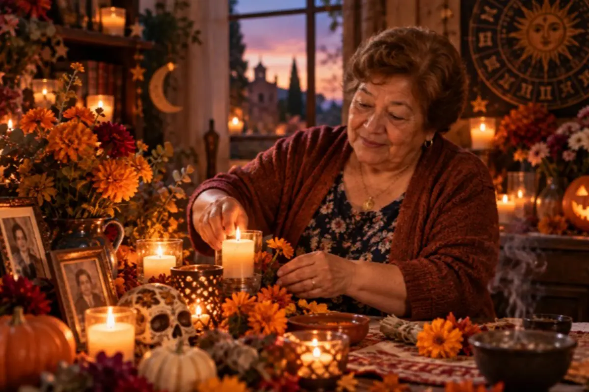 Elderly woman setting up a Day of the Dead altar with candles, marigold flowers, photographs, and decorative skulls in a warm room at sunset Elderly woman setting up a Day of the Dead altar with candles, marigold flowers, photographs, and decorative skulls in a warm room at sunset