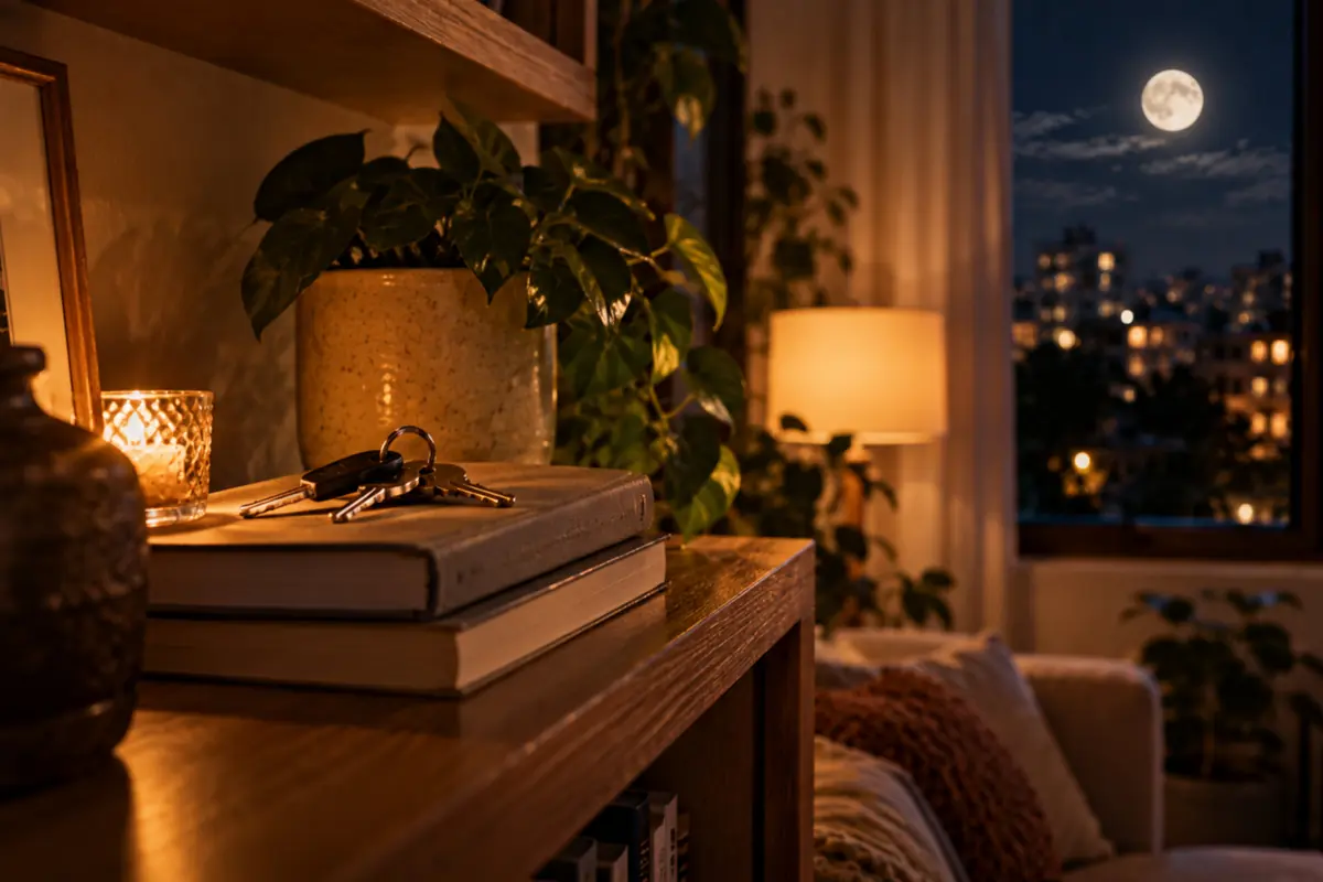 Cozy living room at night with keys on books on a shelf lit by a candle and a lamp next to a window overlooking the city and a bright full moon Cozy living room at night with keys on books on a shelf lit by a candle and a lamp next to a window overlooking the city and a bright full moon