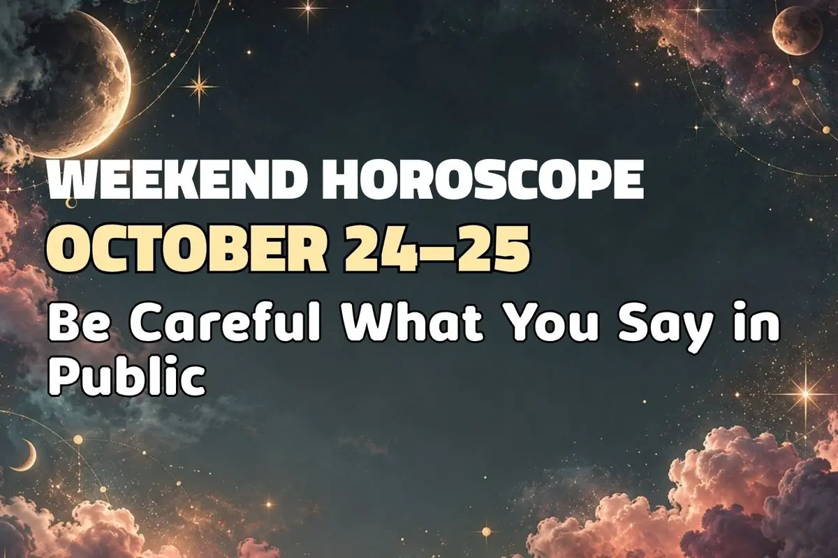 Image with a starry night sky and pink clouds that reads “Weekend Horoscope October 24–25 Be Careful What You Say in Public”