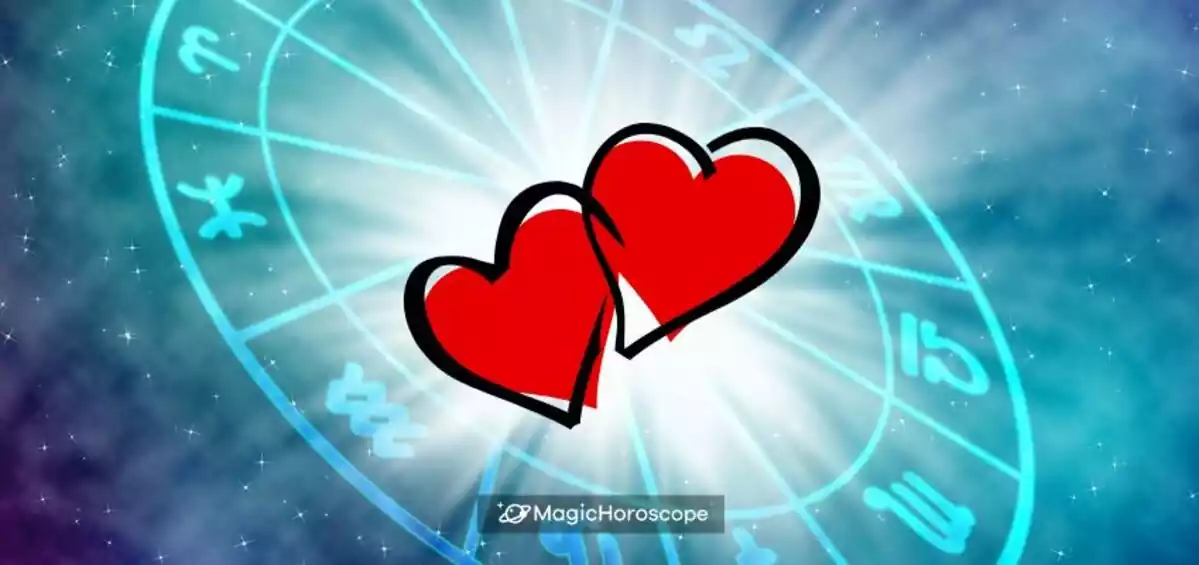 Two red hearts in the center of an image surrounded by zodiac symbols on a blue background