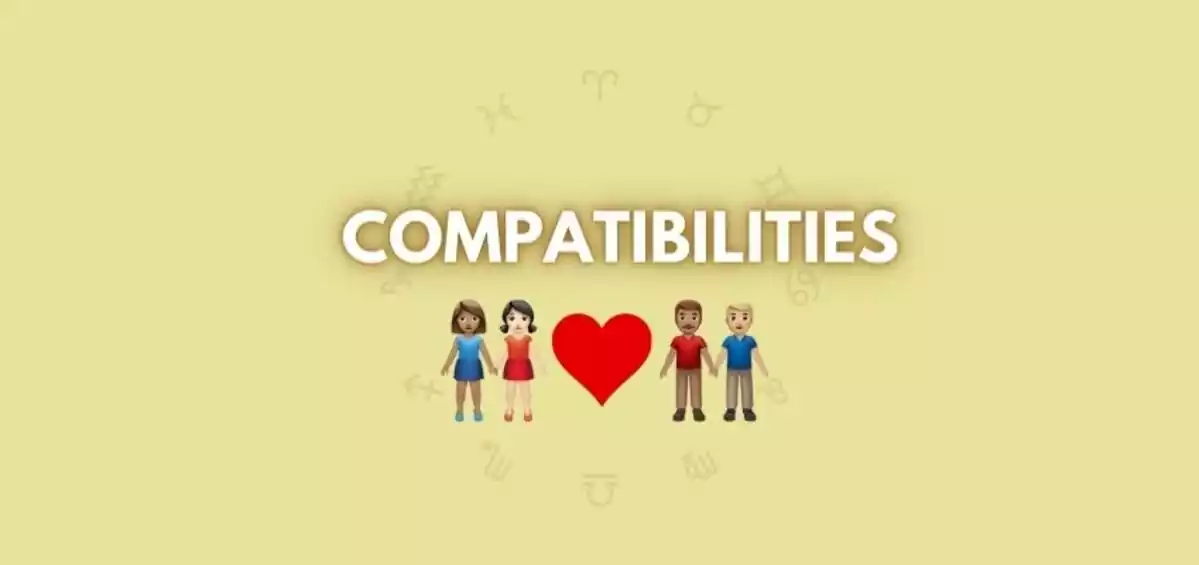 Couples holding hands next to heart under compatibilities sign