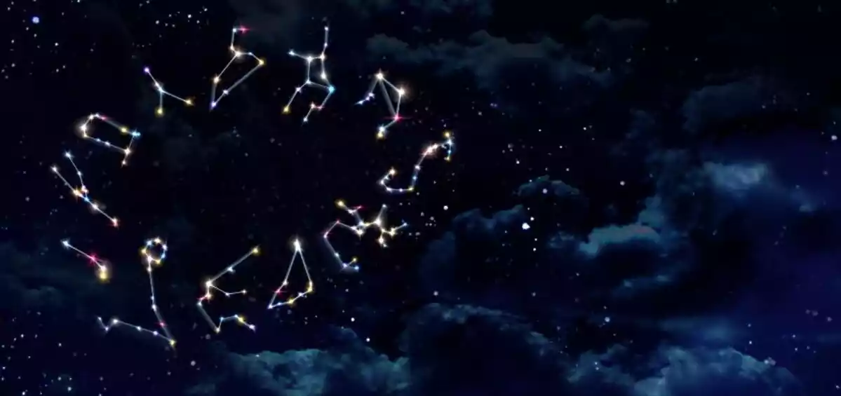Zodiac constellations on dark blue night sky