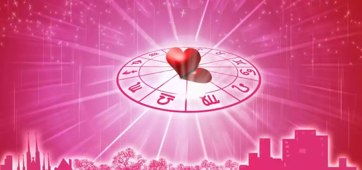 Shining heart in the zodiac wheel on pink background.