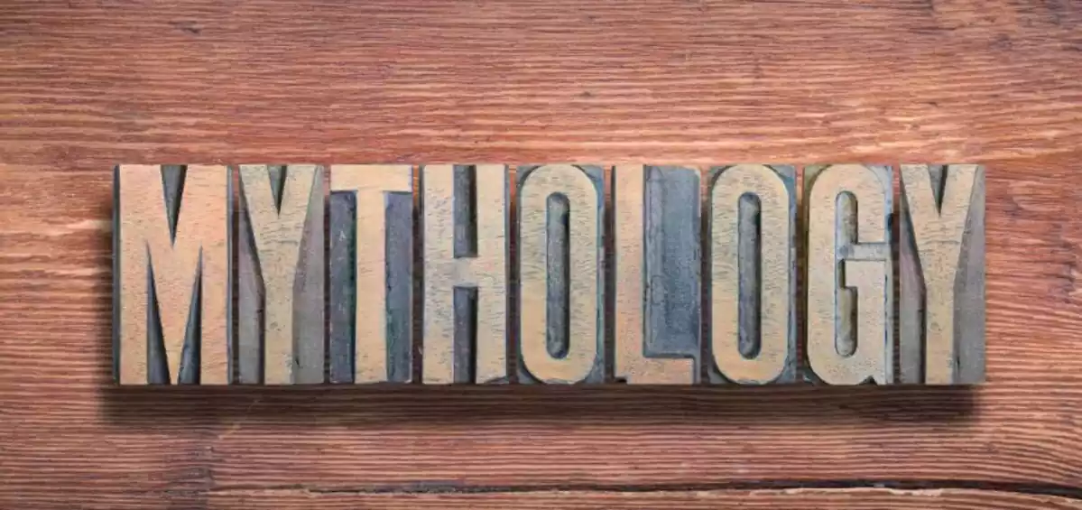 Mythology sign over old wood surface
